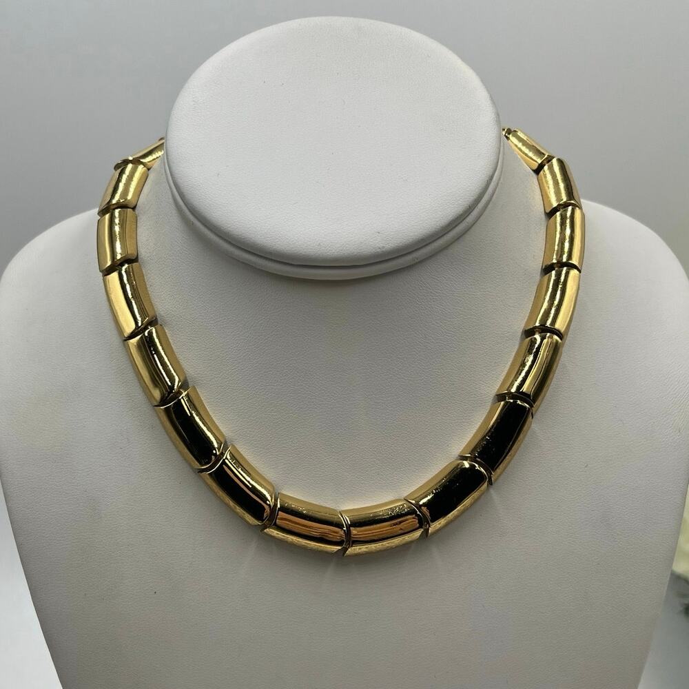 Monet Signed Vintage Two Textured Link Articulated Semi Rigid Choker‎ Necklace